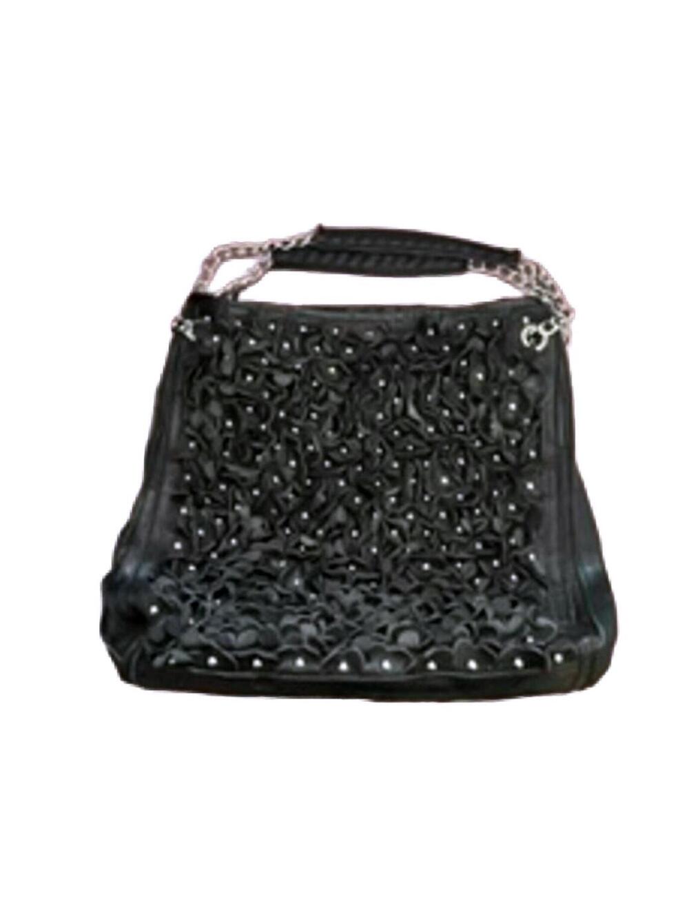 Black Leather Handbag with Chain Strap flower applique with decorative Studs